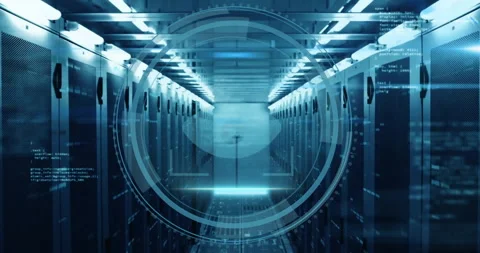 Animation of scope scanning with eye icon and data processing over server room Vídeos de archivo 310408135