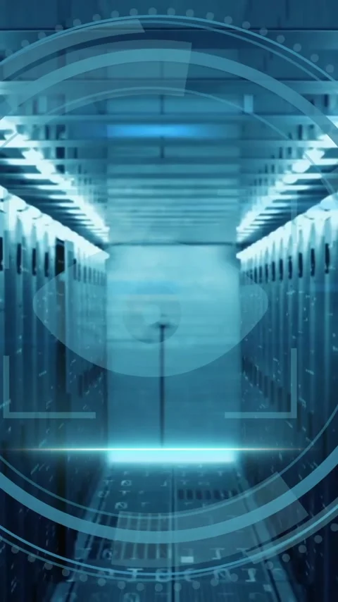 Animation of scope scanning with eye icon and data processing over server room Vídeos de archivo 320378898