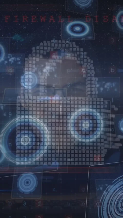 Animation of scope scanning with icons and data processing over caucasian hacker Stock Footage 343955222