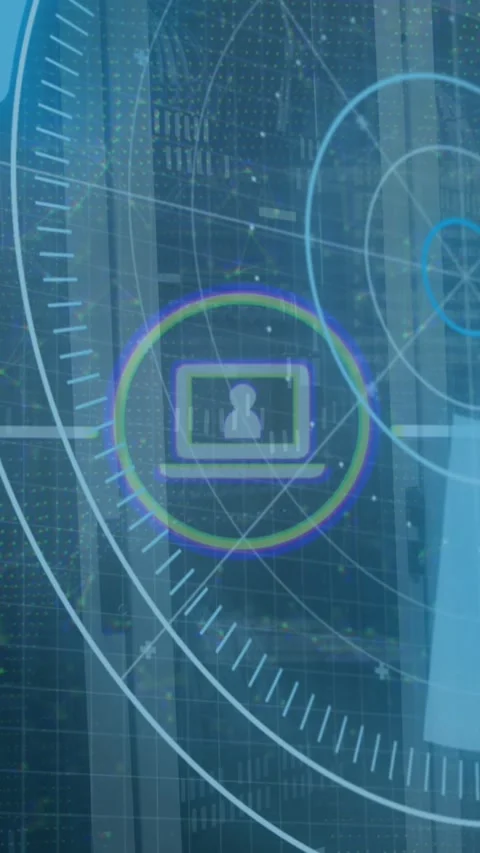 Animation of scope scanning with icons and data processing over server room Stock Footage 344613796