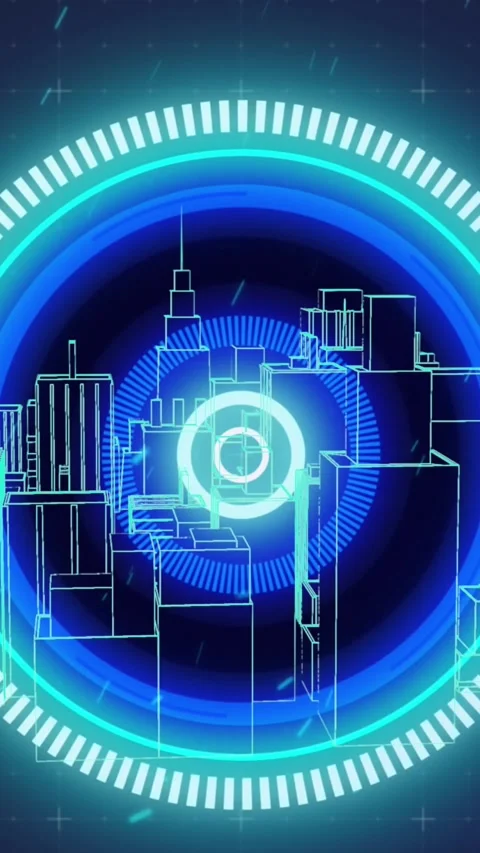 Animation of scope scanning over 3d cityscape on blue background Stock Footage 319066817