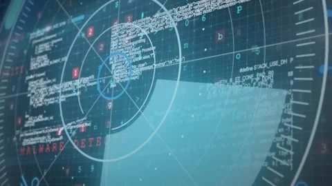 Animation of scope scanning over cyber security data processing against blue Stock Footage 328712616