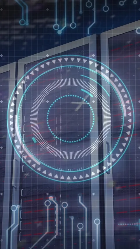 Animation of scope scanning over data processing and computer motherboard and Stock Footage 343504167