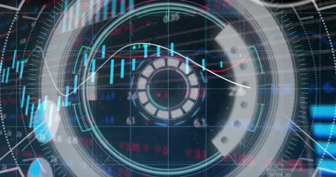 Animation of scope scanning over financial data processing on black background Video stock 328083267