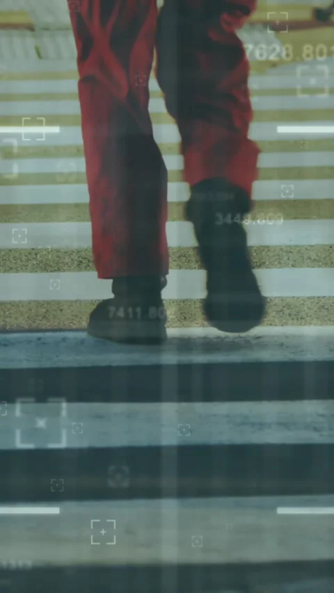 Animation of scope scanning over low section of a man crossing the street Stock Footage 344745749