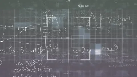 Animation of scope scanning over mathematical equations against grey background Stock Footage 329225693