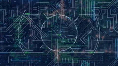 Animation of scope scanning over microprocessor connections against network of Vídeo Stock 221875389