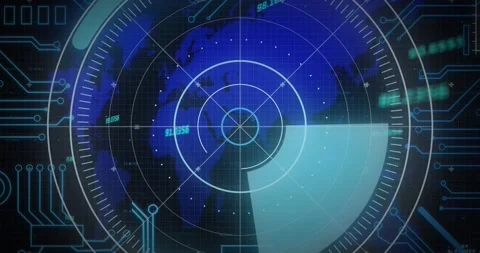Animation of scope scanning over microprocessor connections over world map on Stock Footage 236964601