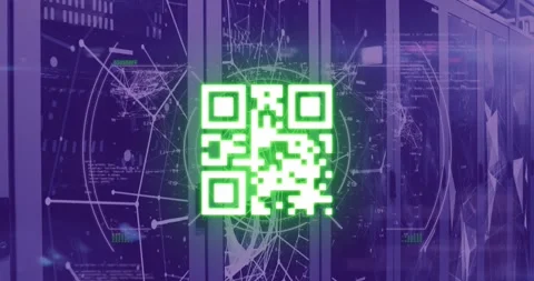 Animation of scope scanning over neon qr code scanner and plexus networks Stock Footage 330735864