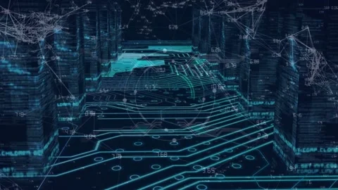 Animation of scope scanning over network of connection against microprocessor Stockbeeldmateriaal 221875397