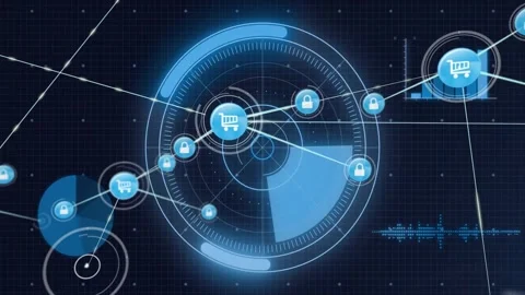 Animation of scope scanning over network of connections with icons Stock Footage 326631694