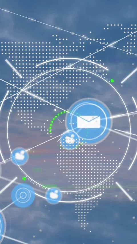 Animation of scope scanning over network of digital icons and spinning globe Stock Footage 344774789