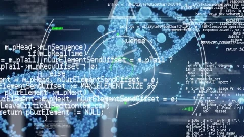 Animation of scope scanning over spinning dna structure and data processing on Stock Footage 326032396