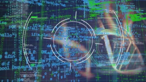 Animation of scope scanning over spinning dna structure and data processing on Stock Footage 328239893