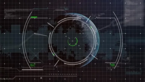 Animation of scope scanning over spinning globe and data processing against Stock Footage 330658284