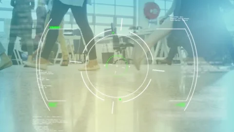 Animation of scope scanning, programming data over low section of businesspeople Vidéo 202332732