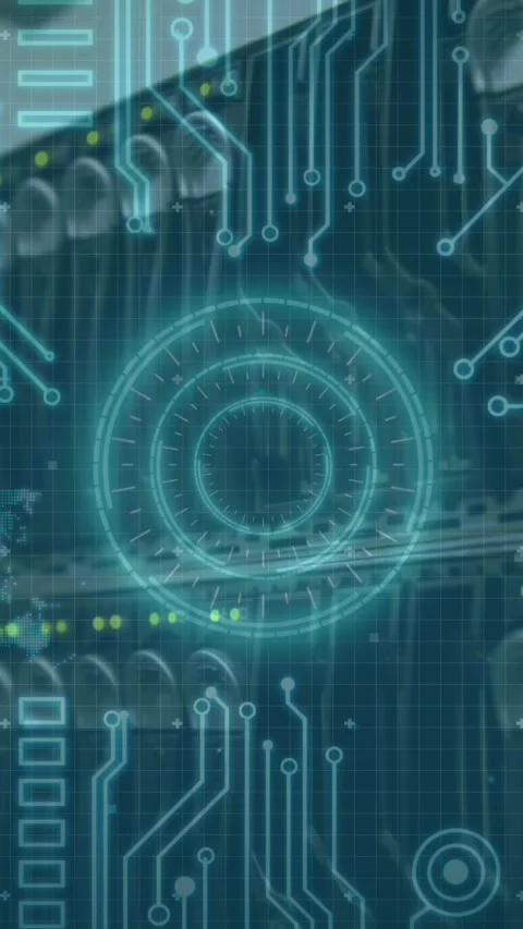 Animation of scope scanning, world map and computer elements over computer Video stock 331643368