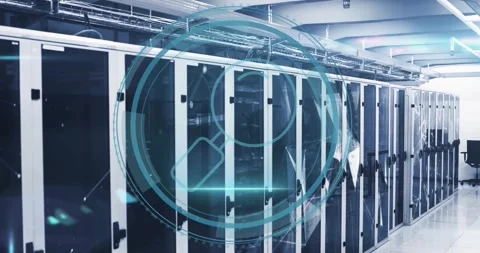 Animation of scope with search icon and data processing over computer servers Stock Footage 329569143