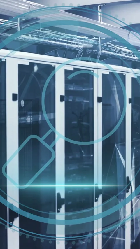 Animation of scope with search icon and data processing over computer servers Stock Footage 343127510