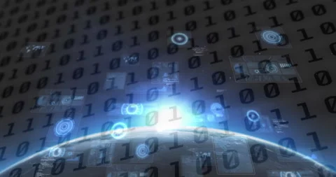 Animation of scopes scanning and data processing on screens over binary coding Stock Footage 152863083