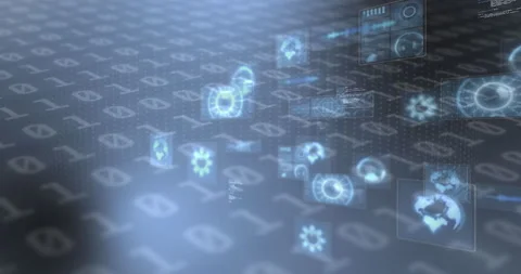 Animation of scopes scanning and data processing on screens over binary coding Video stock 152863166