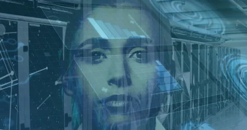 Animation of scopes scanning and data processing over woman's face and computer Stock-Footage 152863268