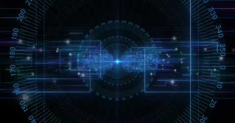 Animation of scopes scanning and data processing with binary coding on black Stock Footage 330782678