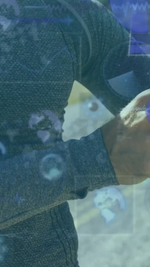 Animation of scopes scanning and data processing on screens over man checking Stock Footage 331649900