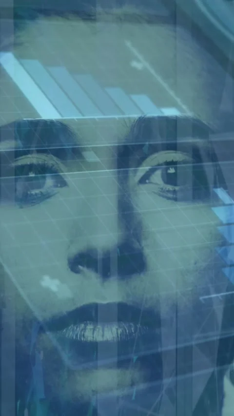 Animation of scopes scanning and data processing over woman's face and computer Stock Footage 331649903