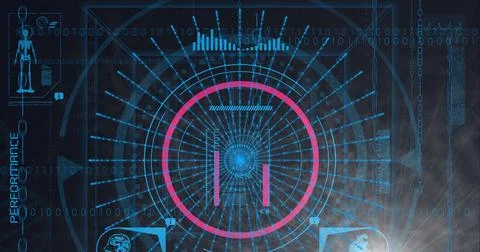 Animation of scopes scanning, human model and binary coding on blue background Illustrazione stock