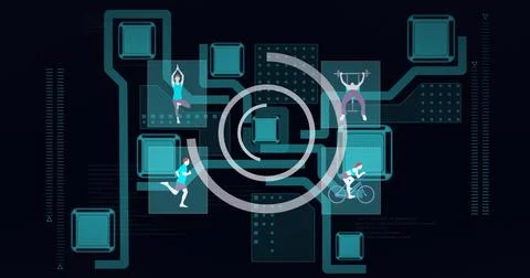 Animation of scopes scanning over people exercising on network of connections on Stock Illustration