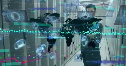 Animation of scopes, world map and data processing over caucasian it engineer Stock Footage 329698333