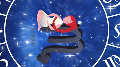 Animation of scorpio star sign inside spinning wheel of zodiac signs over stars Vídeo Stock 313425390