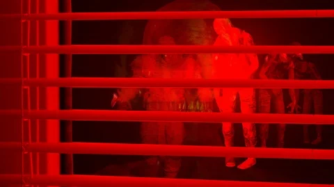 Animation of Screaming Evil Demon behind of window shutters - Horror Zombie w Stock Footage 123278395
