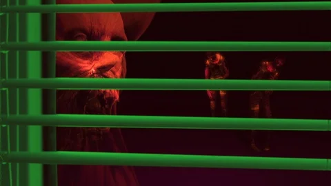 Animation of Screaming Evil Demon behind of window shutters - Horror Zombie w Stock Footage 123278425