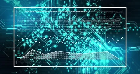 Animation of screen with computer language and graphs over electronic circuit Stock Footage 326300901