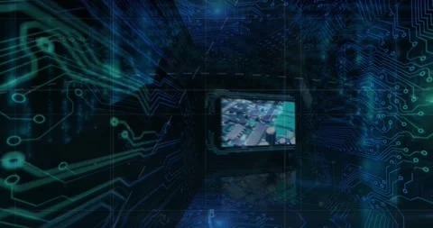 Animation of screen with data processing and microprocessor connections over Stock Footage 203882717