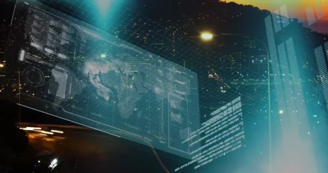 Animation of screen with globe and coding over time-lapse of vehicles moving on Stock Footage 326886411