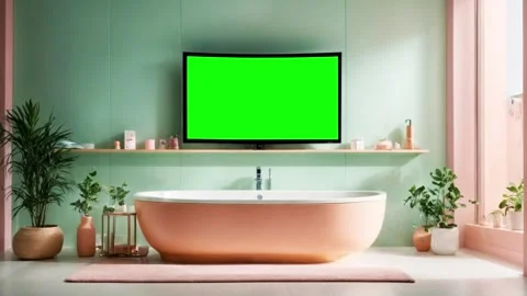 Animation of screen with a green background placed in a pastel-colored bathroom. Video stock 254527134
