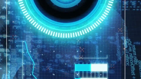 Animation of screen with illuminated circle and graphs over programming language Video stock 313038595