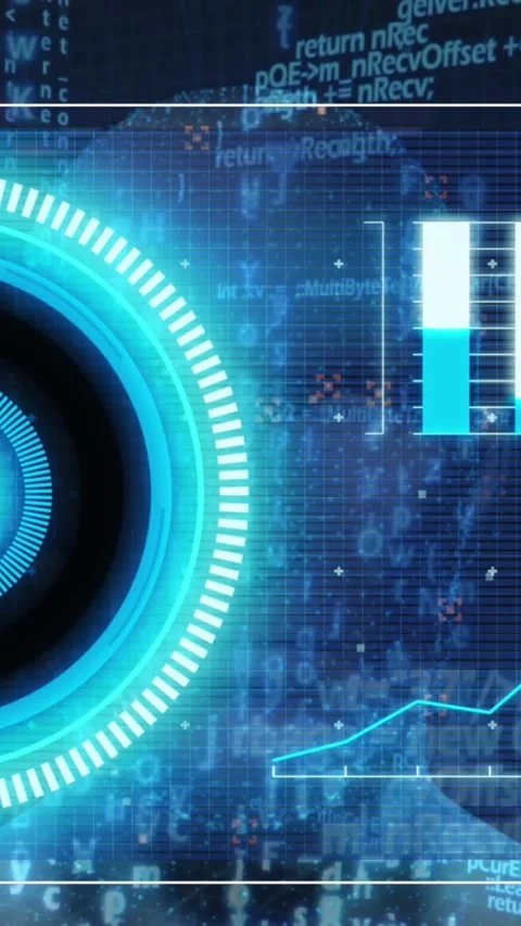 Animation of screen with illuminated circle and graphs over programming language Video stock 321513089