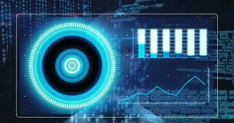 Animation of screen with illuminated circle and graphs over programming language Stock Footage 328251588