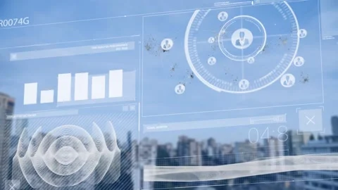Animation of screen with profile icons, map, numbers, graph, soundwave against Video stock 327958248