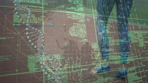 Animation of screen with scientific data, globe and dna over legs of caucasian Stock Footage 330107725