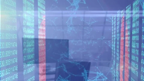 Animation of screens with binary coding and network of connections against empty Stock Footage 329508969