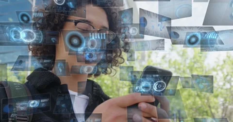 Animation of screens with circles, graphs, computer language over man using Stock Footage 330728681