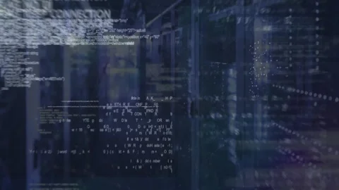 Animation of screens with data processing against empty computer server room Stock Footage 327523950