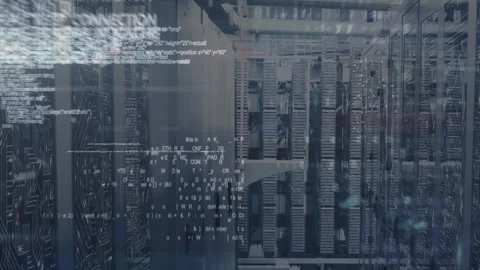 Animation of screens with data processing against empty computer server room Stock Footage 329511089