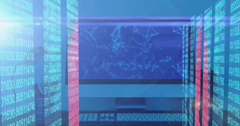 Animation of screens with data processing and desktop computer screen with Stock Footage 329292599