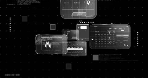 Animation of screens with data processing over black background Stock Footage 265550520